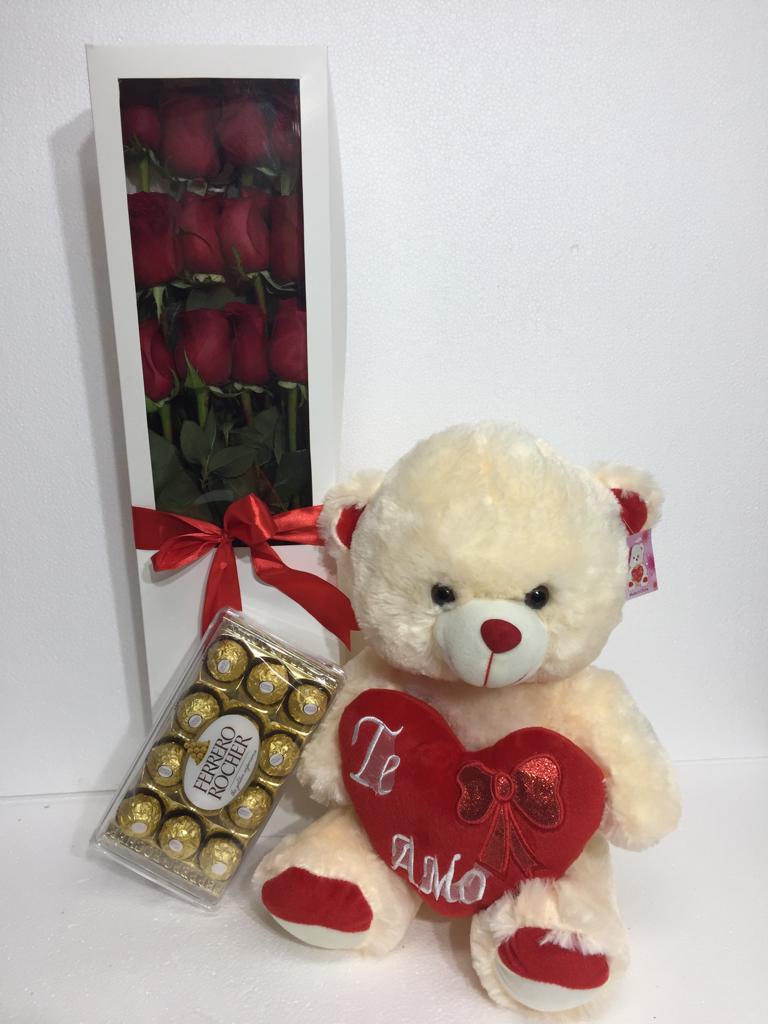 Caja con 12 Rosas ms Bombones Ferrero Rocher de 150 Grs y Peluche de 45 cm